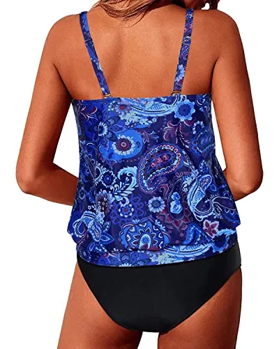 Loose Fit Swimwear 2 Piece Blouson Tankini-Blue Tribal