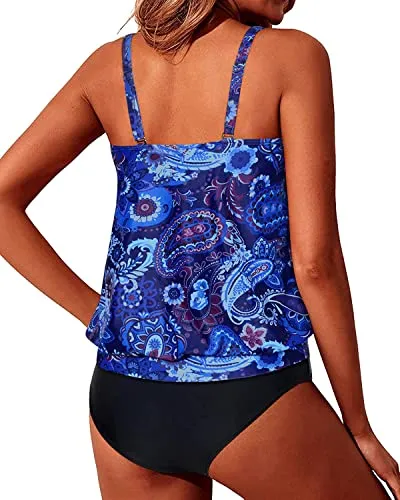 Loose Fit Swimwear 2 Piece Blouson Tankini-Blue Tribal