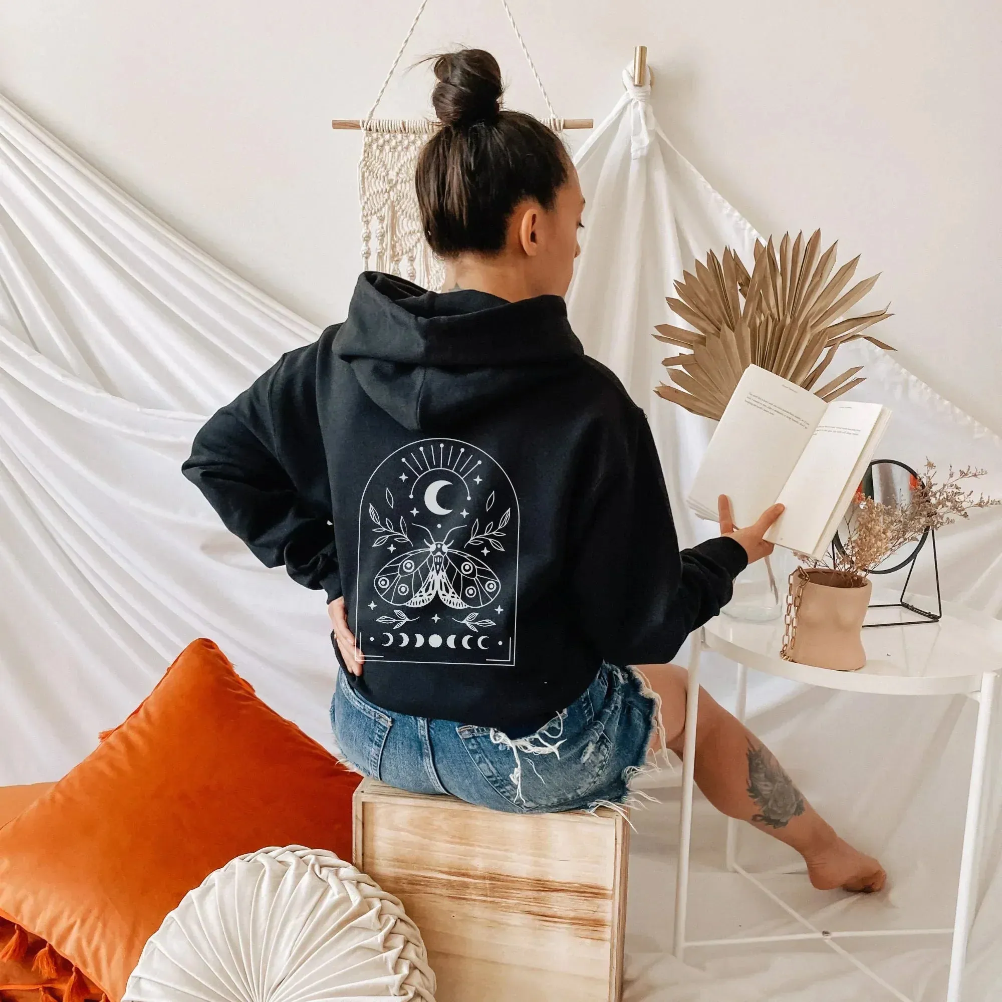 Luna Moth Hoodie, Witchy Aesthetic Shirt, Astrology Sweatshirt, Celestial Mystical Full Zip Hoodie, Moon Phases Fall Clothes, Boho Gifts