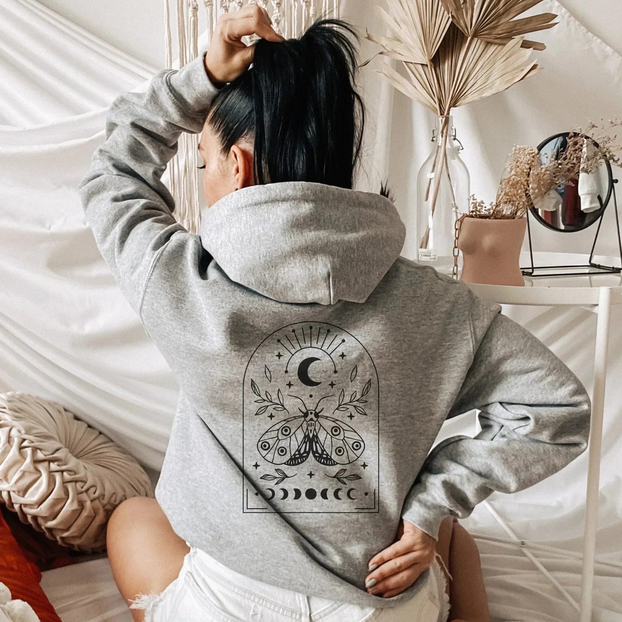 Luna Moth Hoodie, Witchy Aesthetic Shirt, Astrology Sweatshirt, Celestial Mystical Full Zip Hoodie, Moon Phases Fall Clothes, Boho Gifts