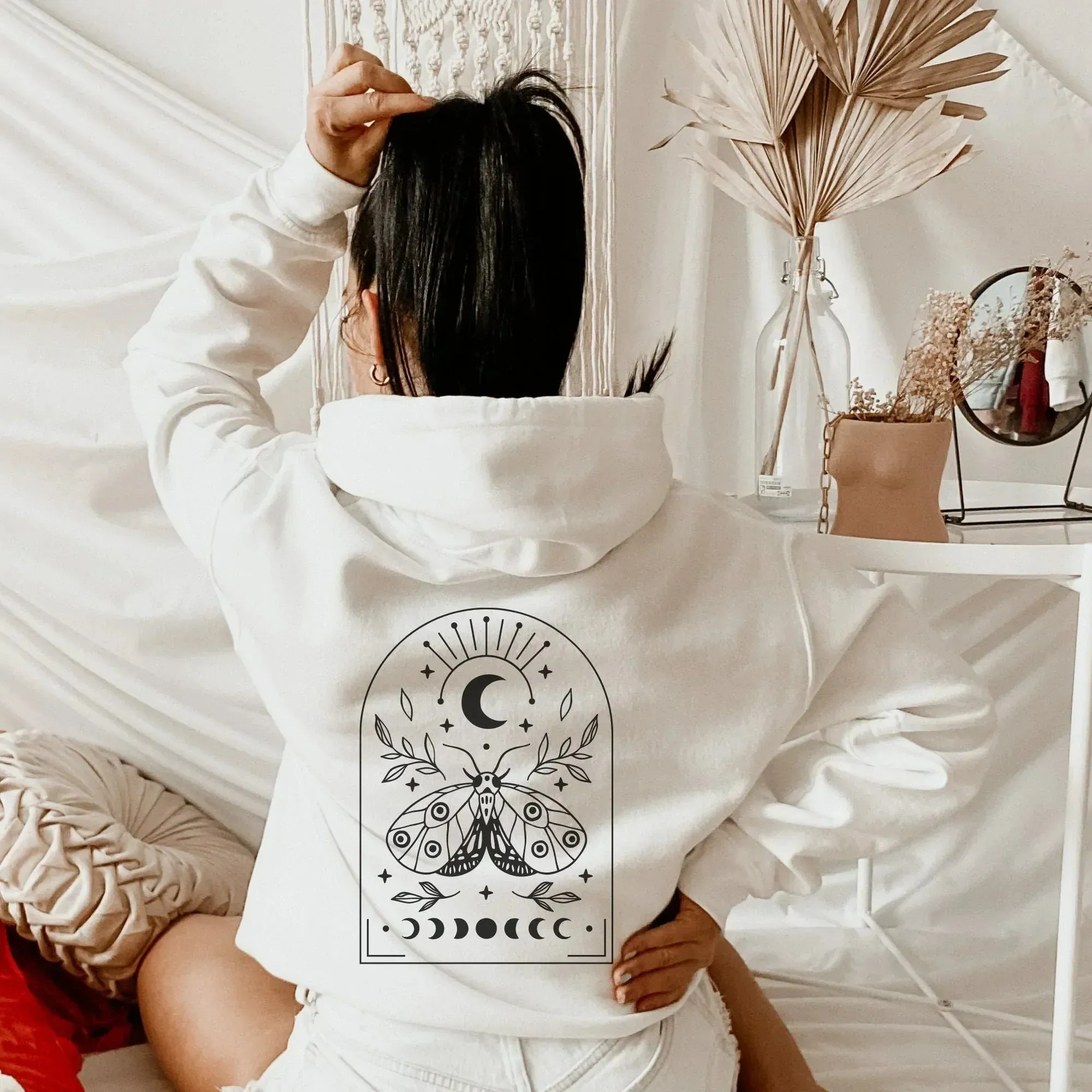 Luna Moth Hoodie, Witchy Aesthetic Shirt, Astrology Sweatshirt, Celestial Mystical Full Zip Hoodie, Moon Phases Fall Clothes, Boho Gifts