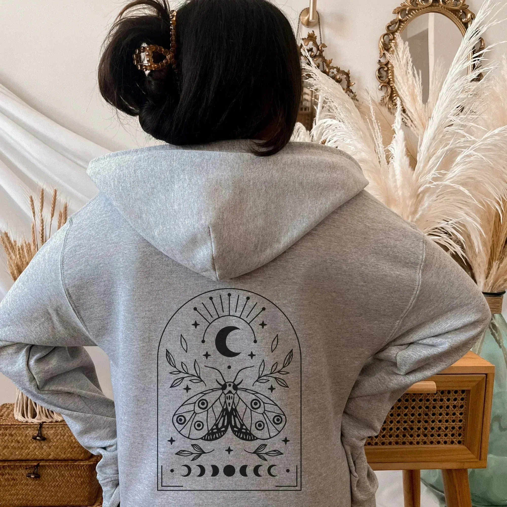 Luna Moth Hoodie, Witchy Aesthetic Shirt, Astrology Sweatshirt, Celestial Mystical Full Zip Hoodie, Moon Phases Fall Clothes, Boho Gifts