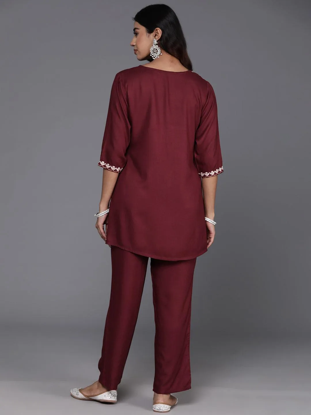 Maroon Embroidered Wool Blend Co-Ords