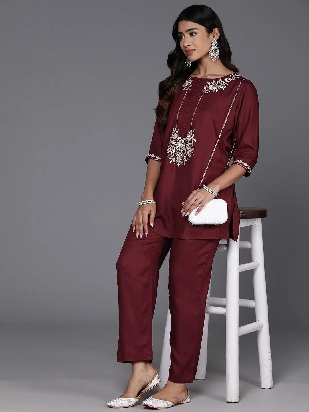 Maroon Embroidered Wool Blend Co-Ords