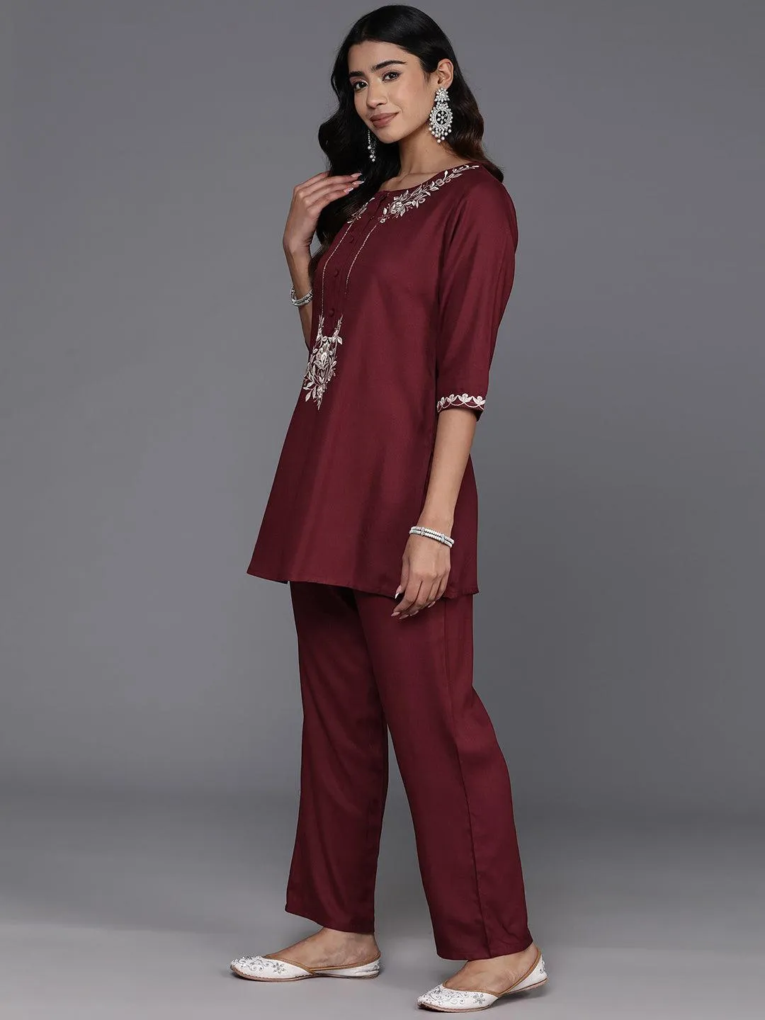 Maroon Embroidered Wool Blend Co-Ords