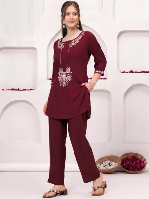 Maroon Embroidered Wool Blend Co-Ords