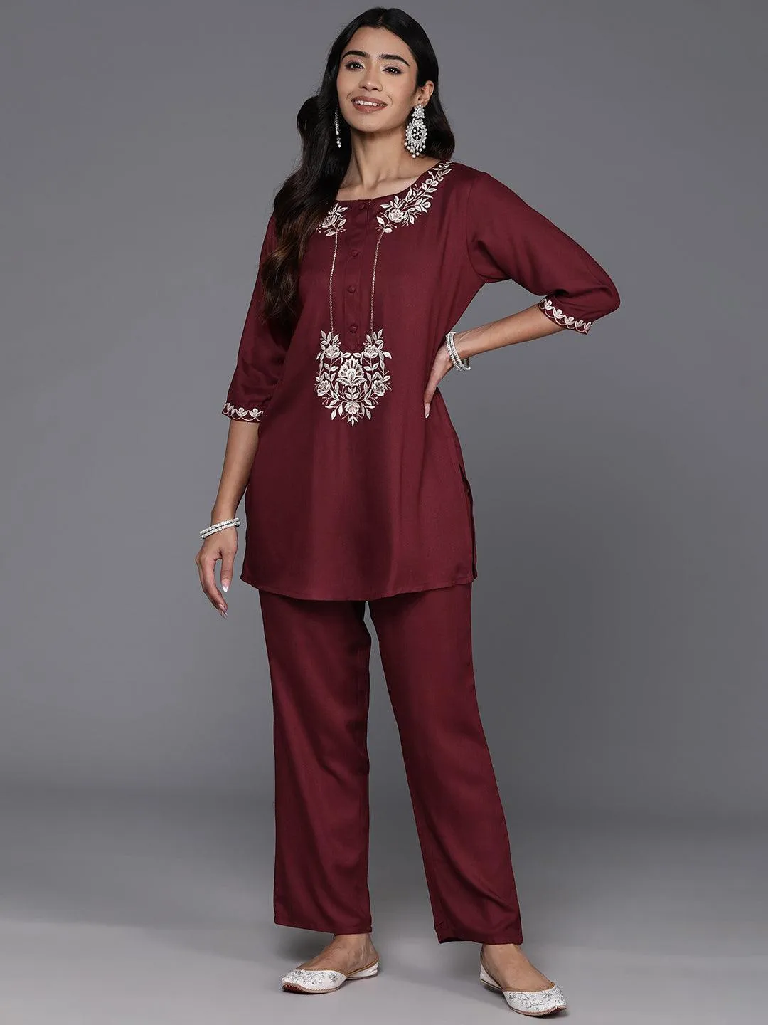 Maroon Embroidered Wool Blend Co-Ords