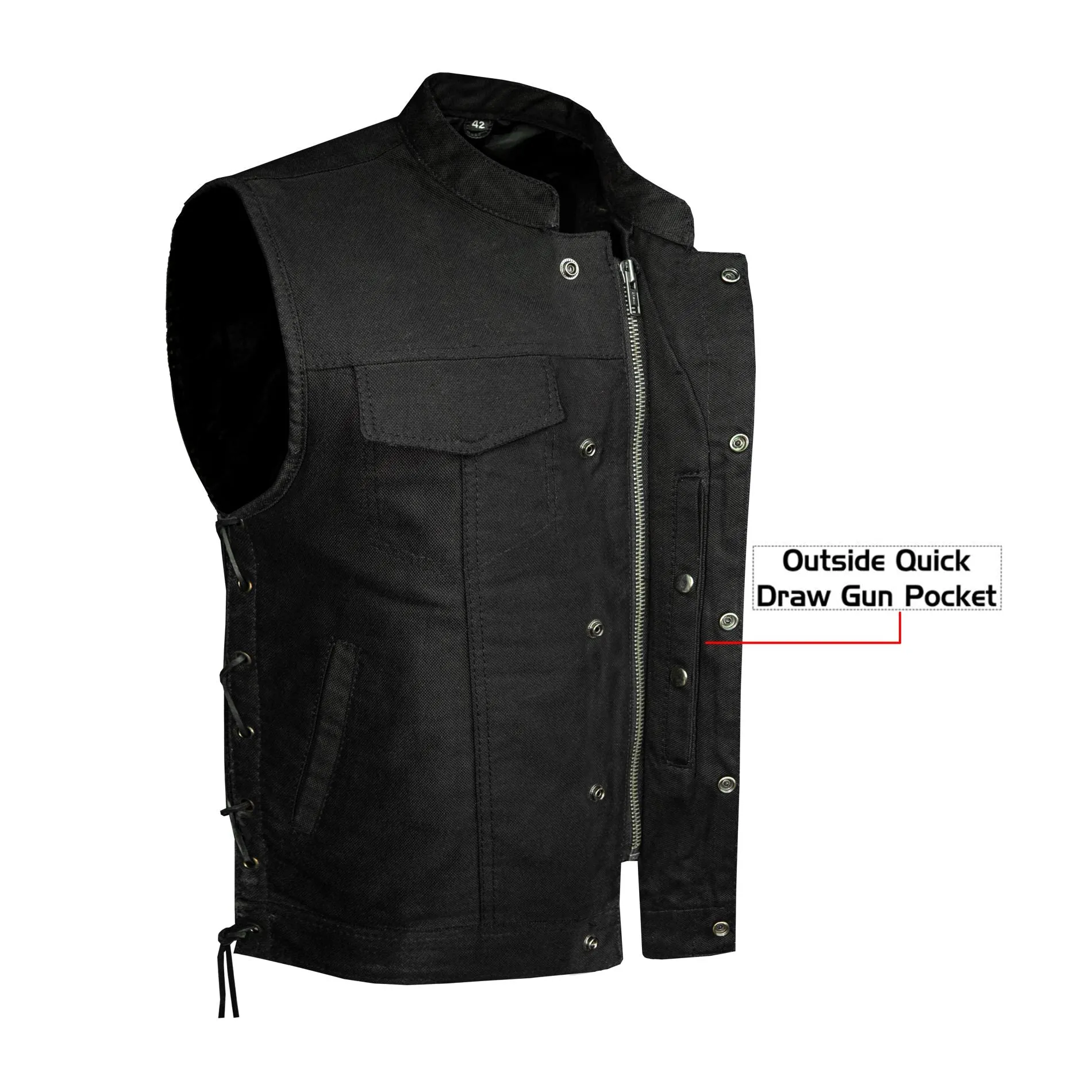 Mens SOA Style Motorcycle Club Vest® Black Denim Conceal Gun Pockets Side Laces