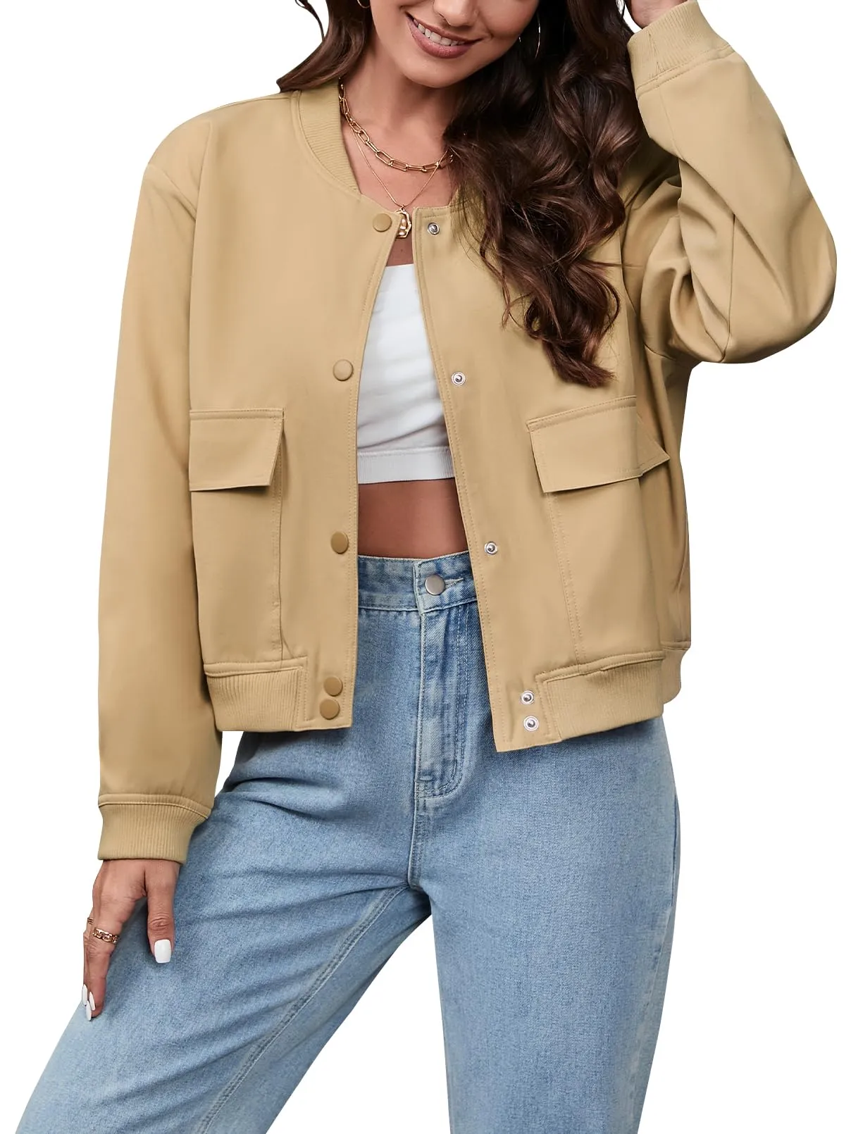 MEROKEETY Long Sleeve Button Down Cropped Shacket Coat