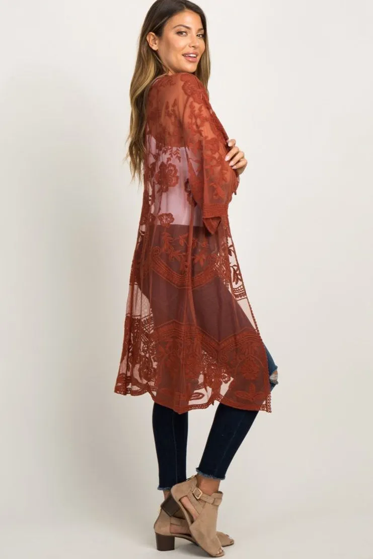 Mesh Embroidered Kimono Cardigan: Women's 3/4 Sleeve Cover Up