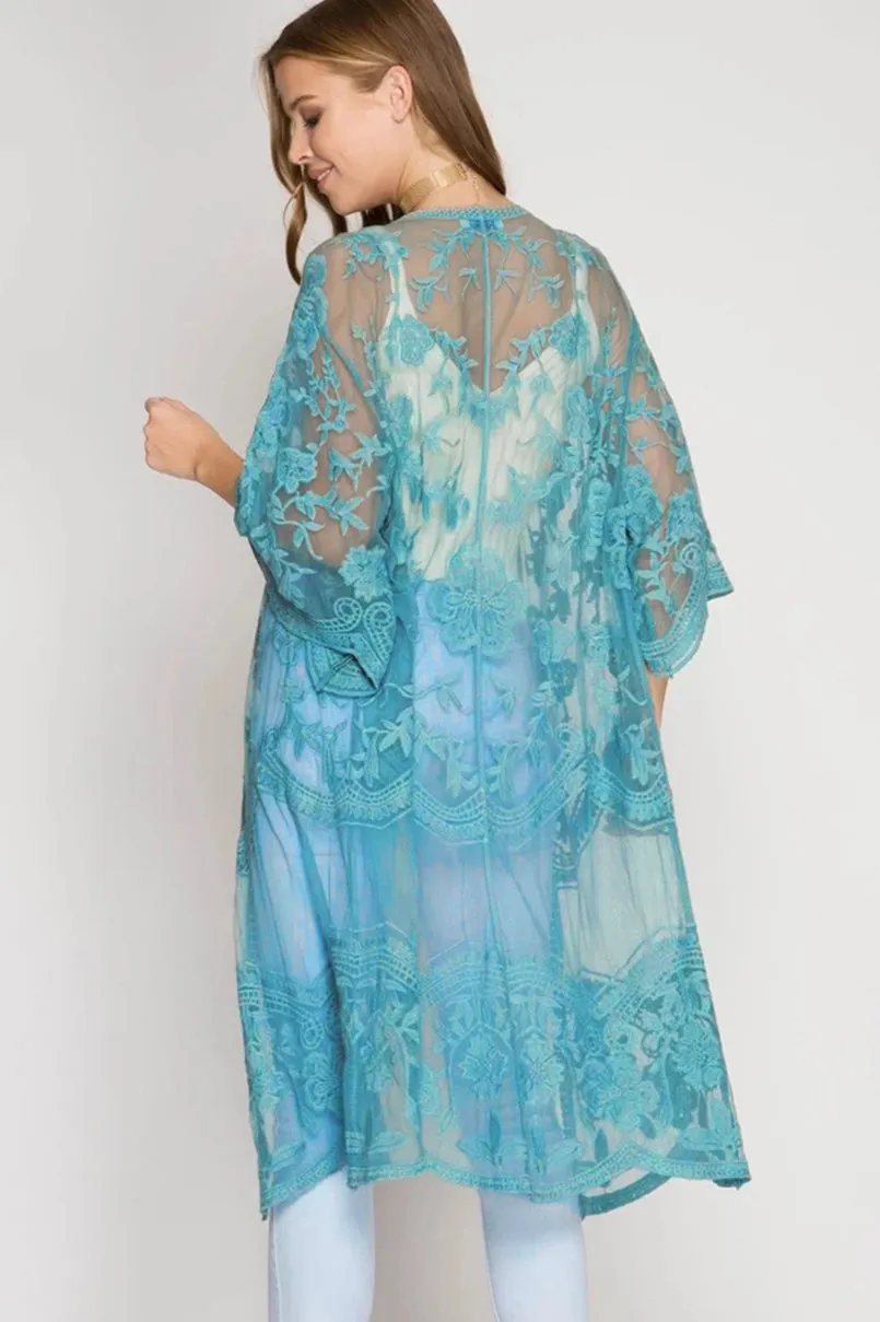 Mesh Embroidered Kimono Cardigan: Women's 3/4 Sleeve Cover Up