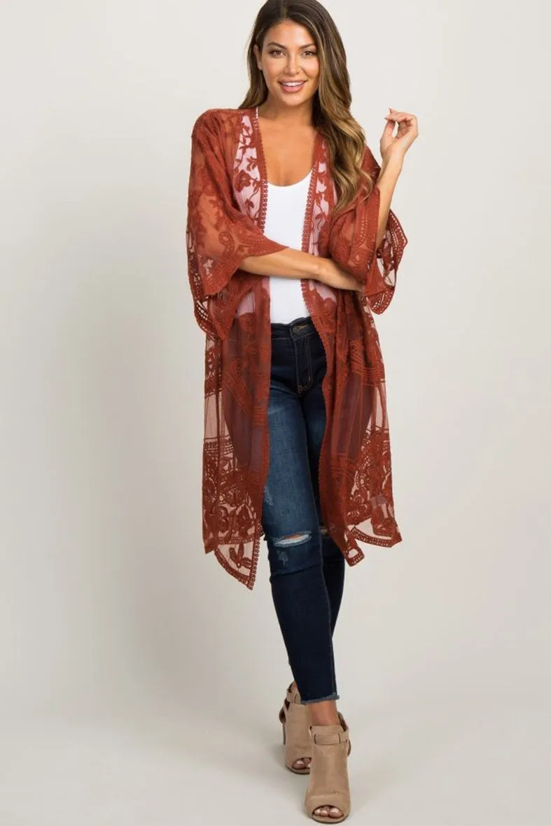 Mesh Embroidered Kimono Cardigan: Women's 3/4 Sleeve Cover Up