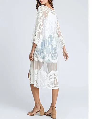 Mesh Embroidered Kimono Cardigan: Women's 3/4 Sleeve Cover Up