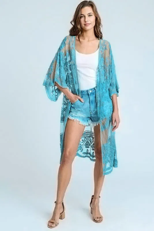 Mesh Embroidered Kimono Cardigan: Women's 3/4 Sleeve Cover Up