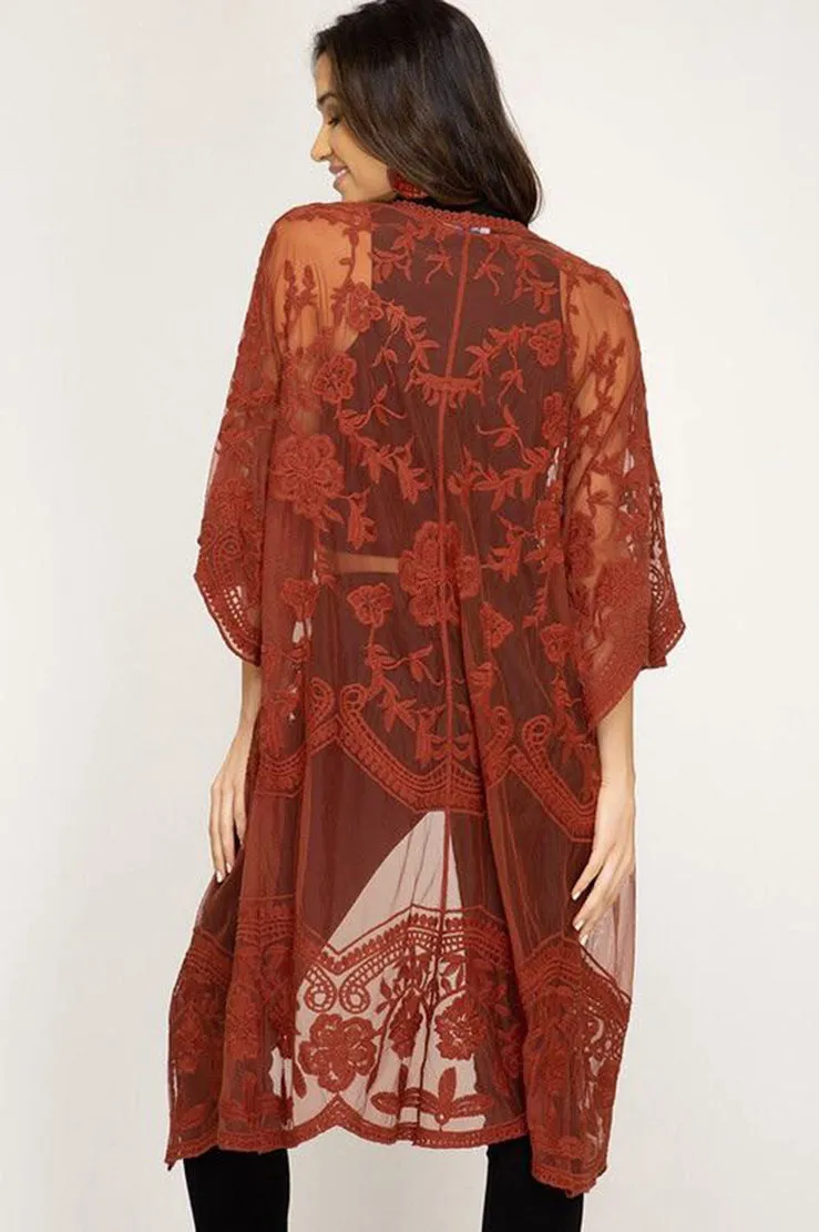 Mesh Embroidered Kimono Cardigan: Women's 3/4 Sleeve Cover Up