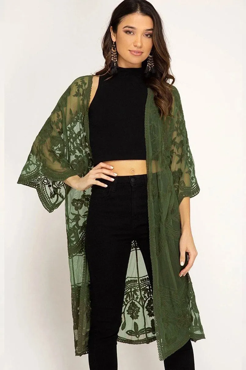 Mesh Embroidered Kimono Cardigan: Women's 3/4 Sleeve Cover Up