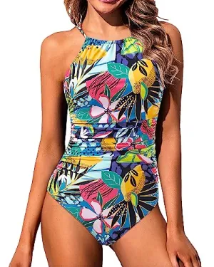 One Piece High Neck Swimsuit Tummy Control Swimwear