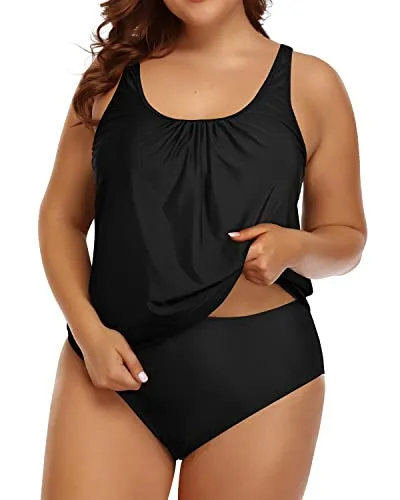 Plus Size Blouson Tankini Set Swimsuit For Women Tummy Control Bathing Suit-Black