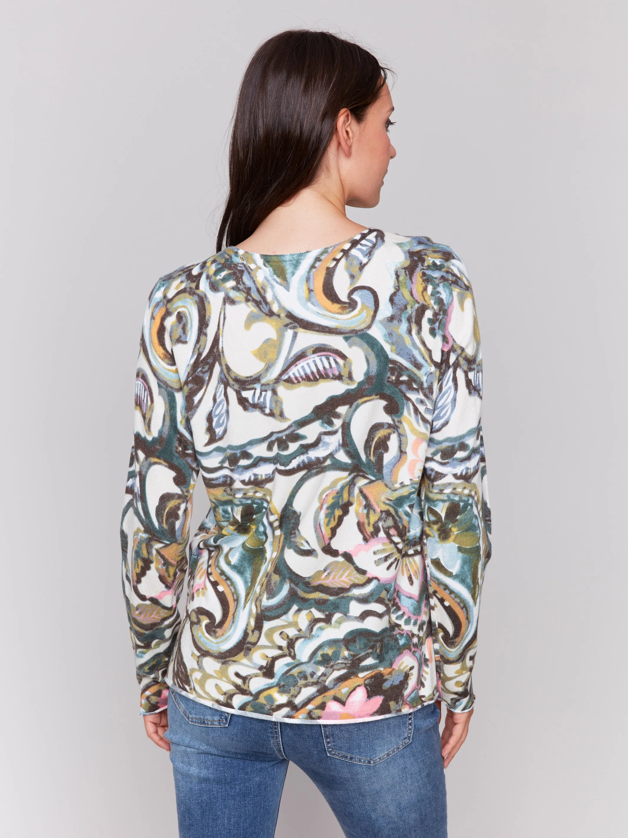 Printed V-Neck Sweater - Peacock