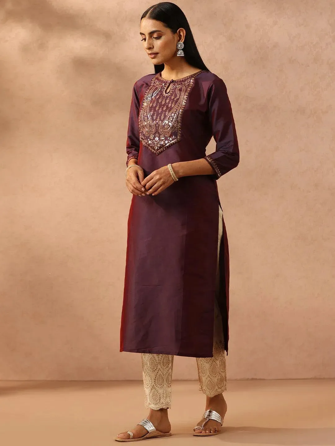 Purple Yoke Design Silk Straight Kurta