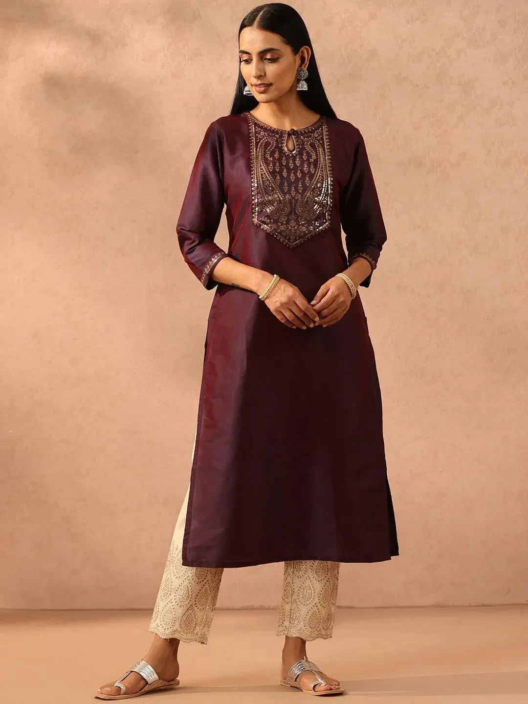 Purple Yoke Design Silk Straight Kurta