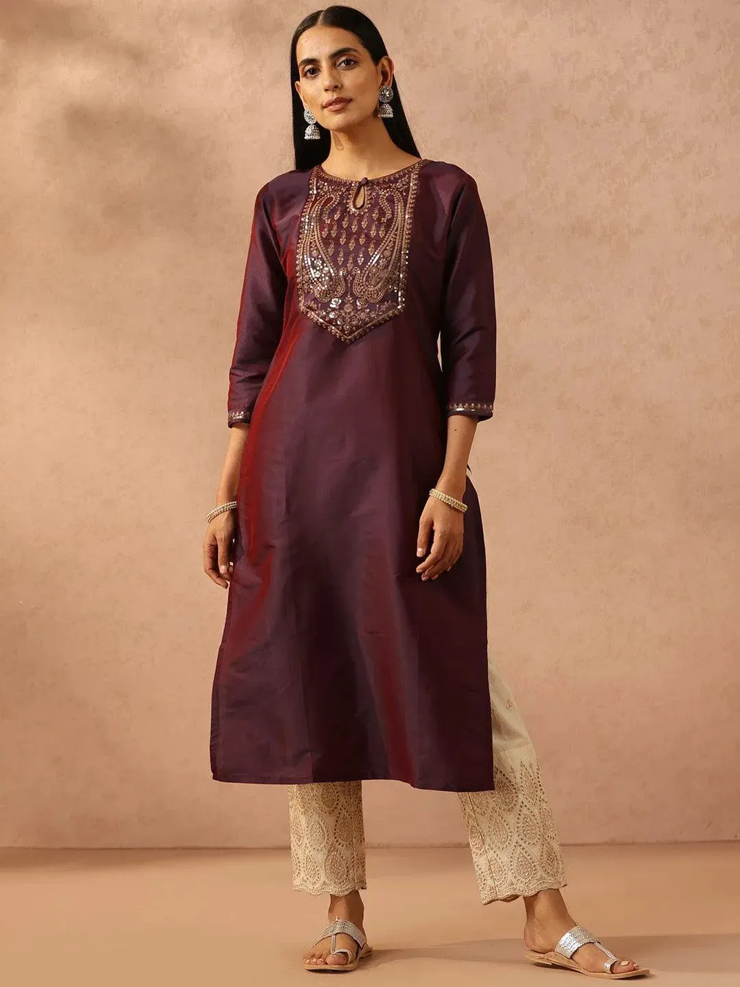 Purple Yoke Design Silk Straight Kurta