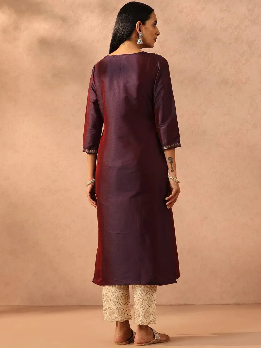 Purple Yoke Design Silk Straight Kurta