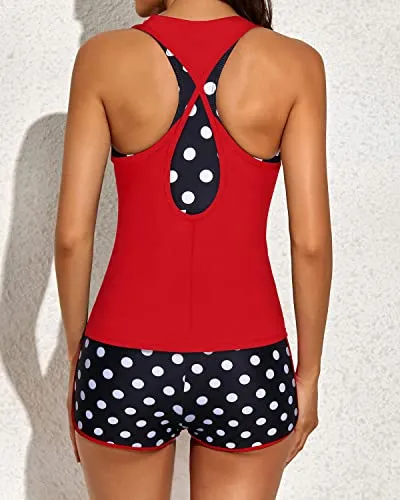 Racerback Bikini Top Tankini And Boyshorts Bathing Suits 3 Piece Tankini-Red Dot