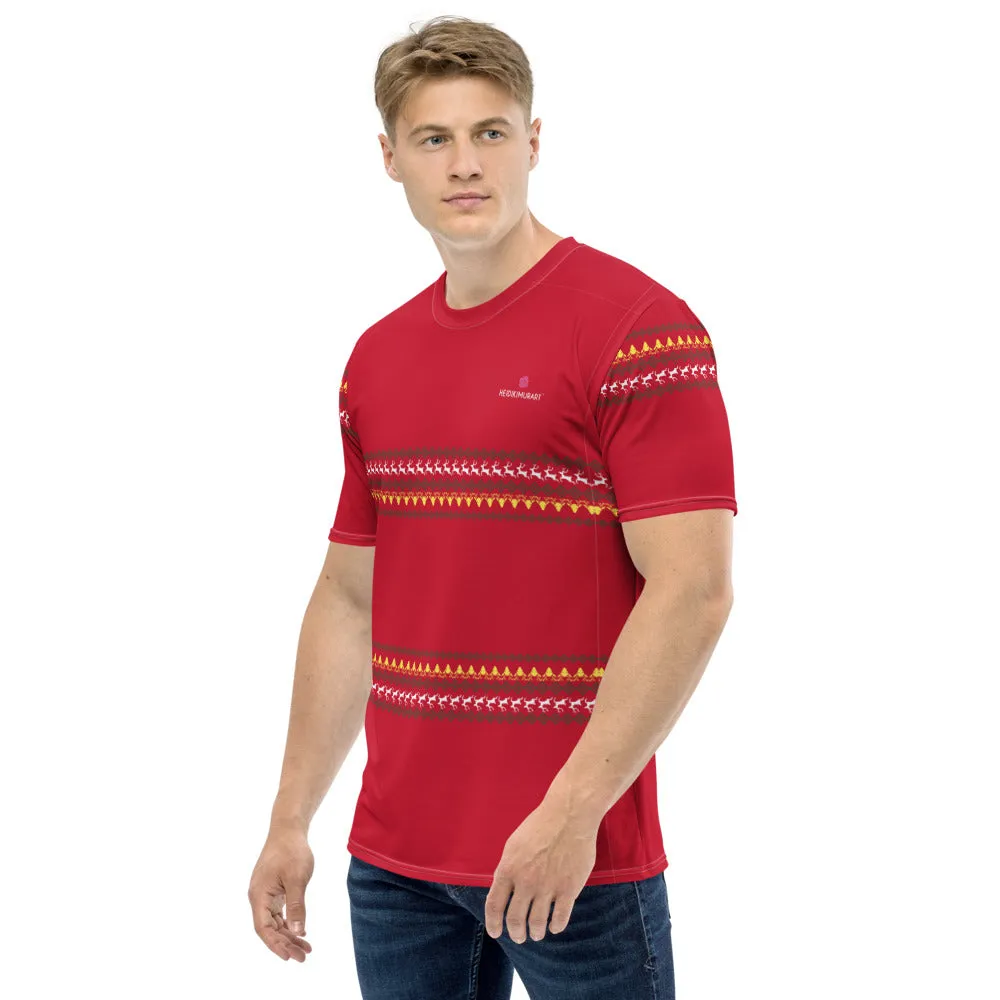 Red Christmas Deer Men's T-shirt, Reindeer Xmas Holiday Tee For Men-Made in USA/EU/MX