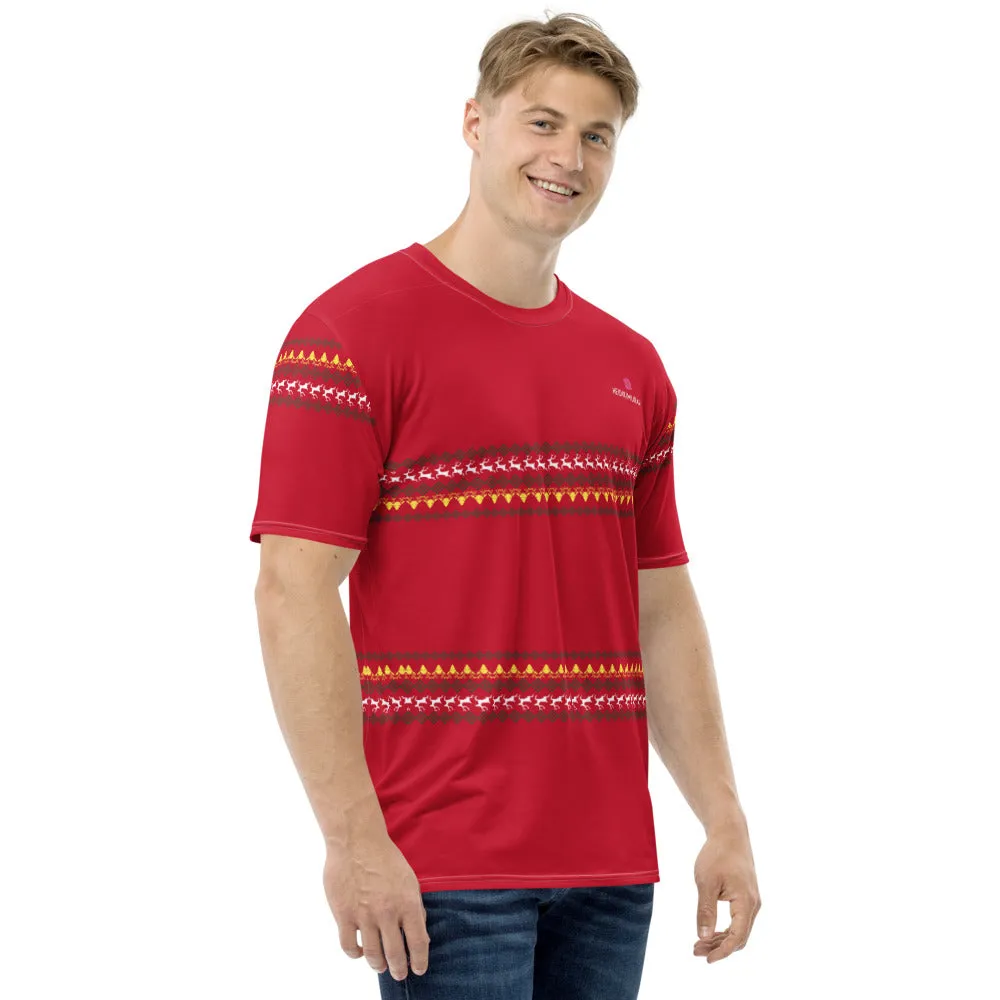 Red Christmas Deer Men's T-shirt, Reindeer Xmas Holiday Tee For Men-Made in USA/EU/MX