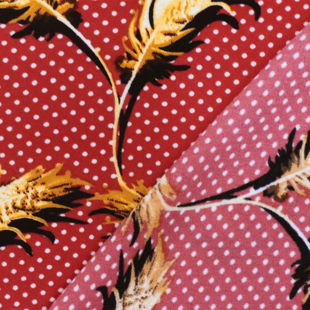 Red-Yellow-Multi Feather And Dot Printed Poly Georgette Woven Fabric