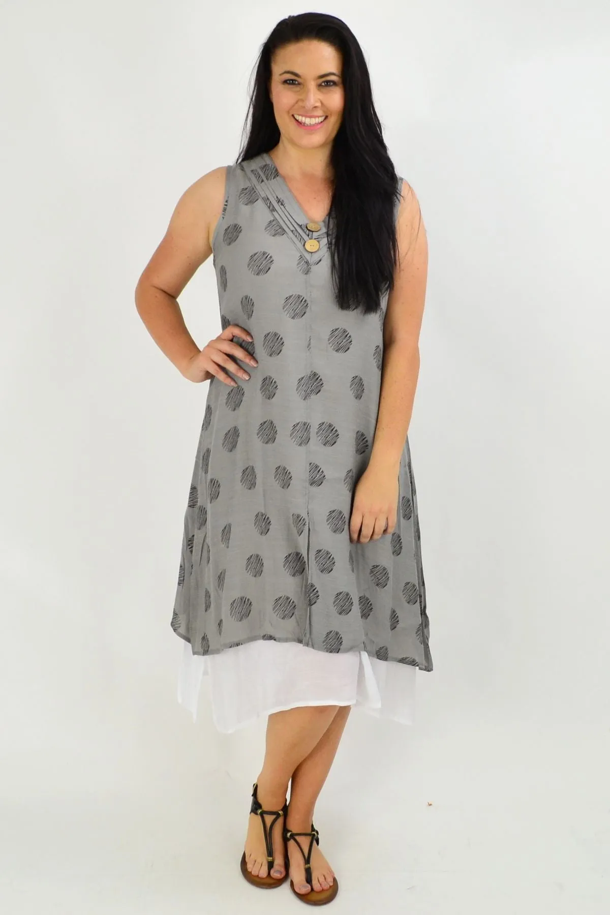 Sleeveless Grey Dots Overlay Tunic Dress