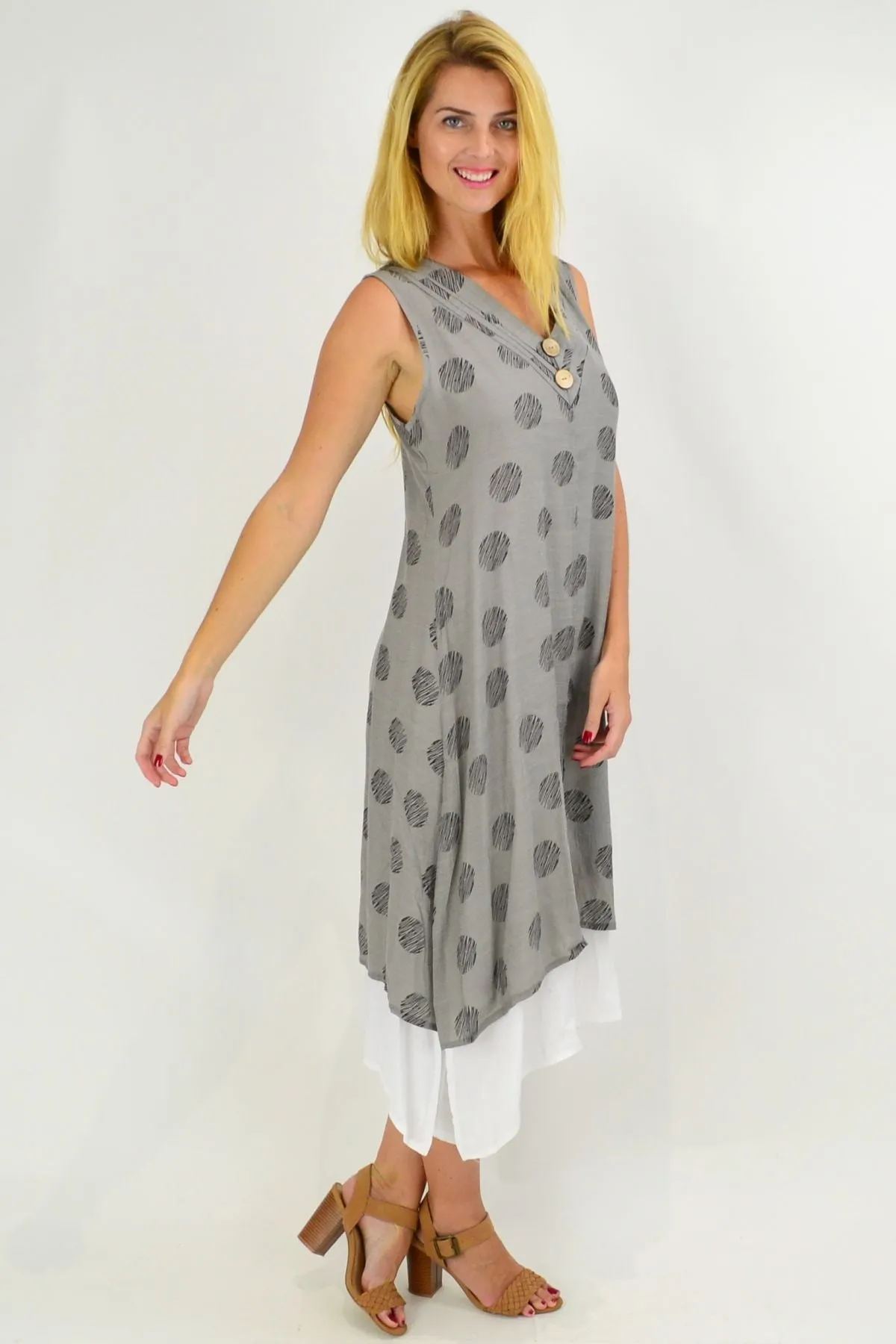 Sleeveless Grey Dots Overlay Tunic Dress