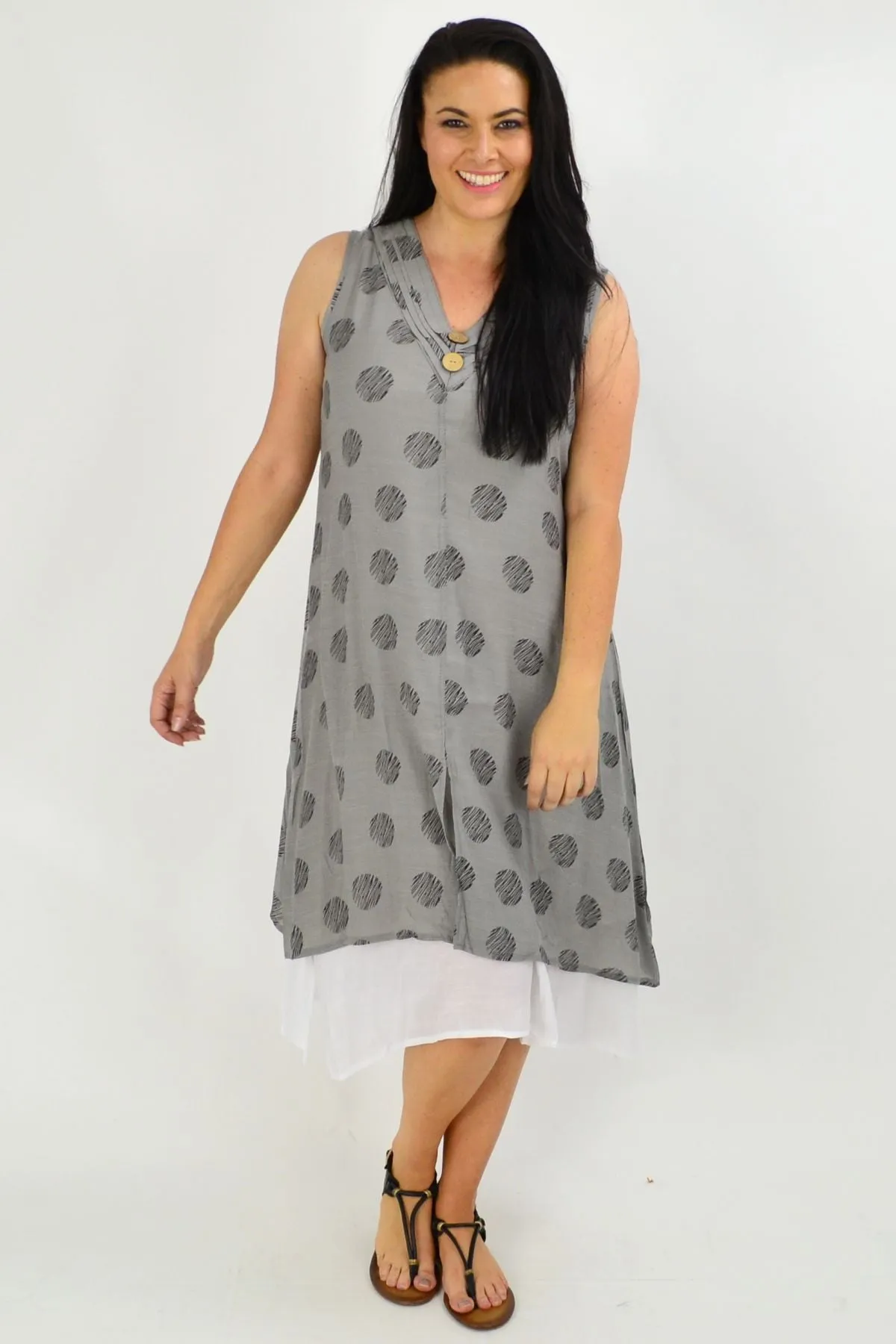 Sleeveless Grey Dots Overlay Tunic Dress