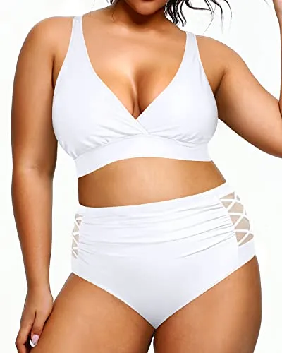 Slimming Two Piece Bikini Swimsuit High Waisted Bikini Swimsuits For Women-White