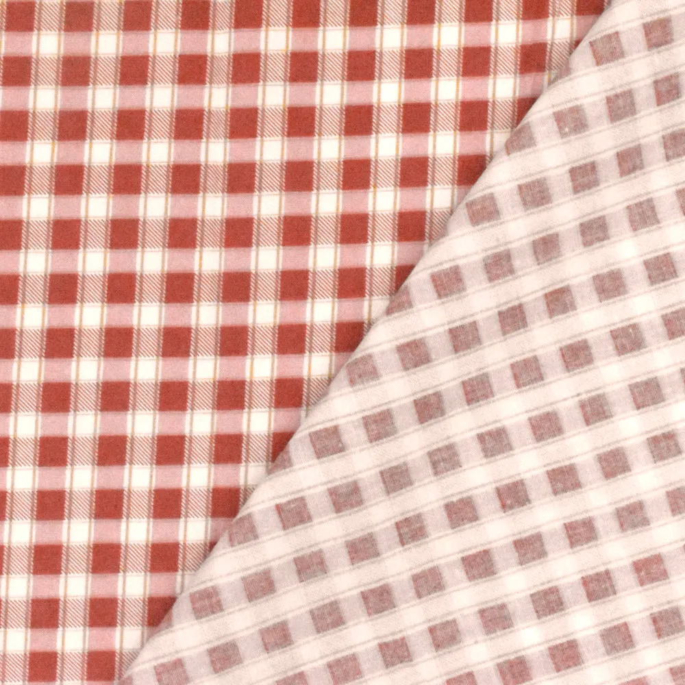 Soft Red-Pink-Multi Plaid Print Stretch Cotton Broadcloth Woven Fabric