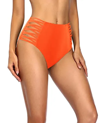 Strappy High Waisted Bikini Bottom For Beach Or Swimming Pool Party-Neon Orange