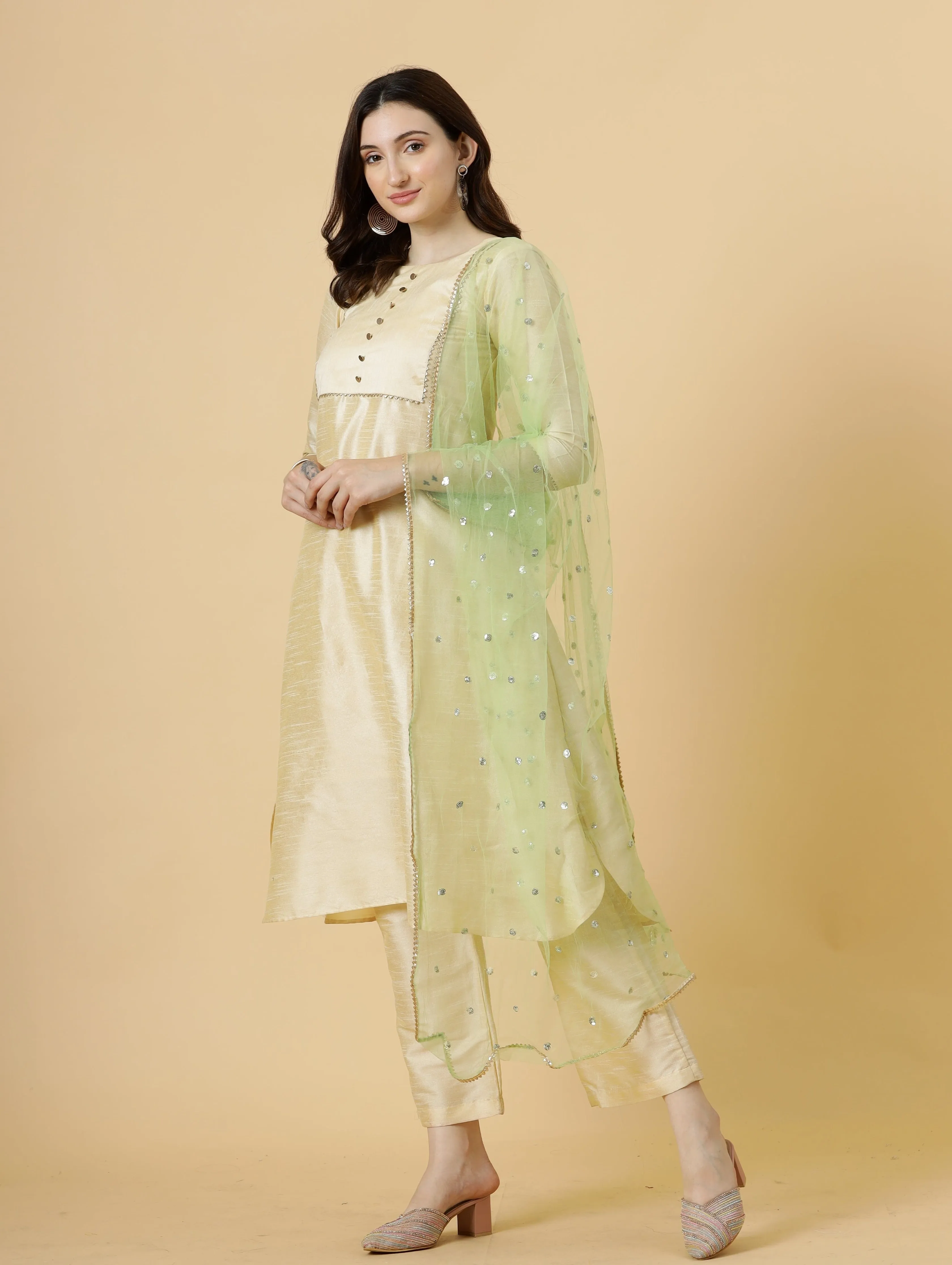 Stylish Cream A-Line Kurti-Palazzo Set paired with Lime Green Sequin dupatta