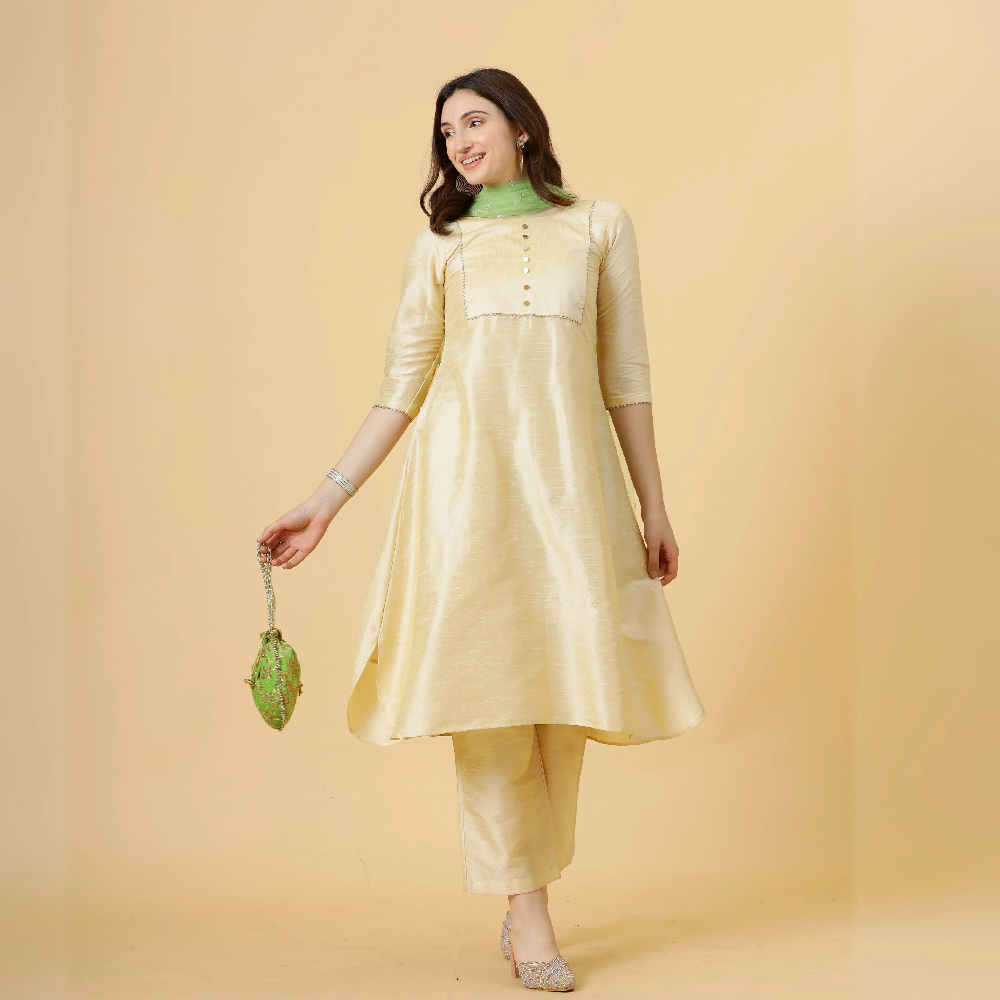 Stylish Cream A-Line Kurti-Palazzo Set paired with Lime Green Sequin dupatta