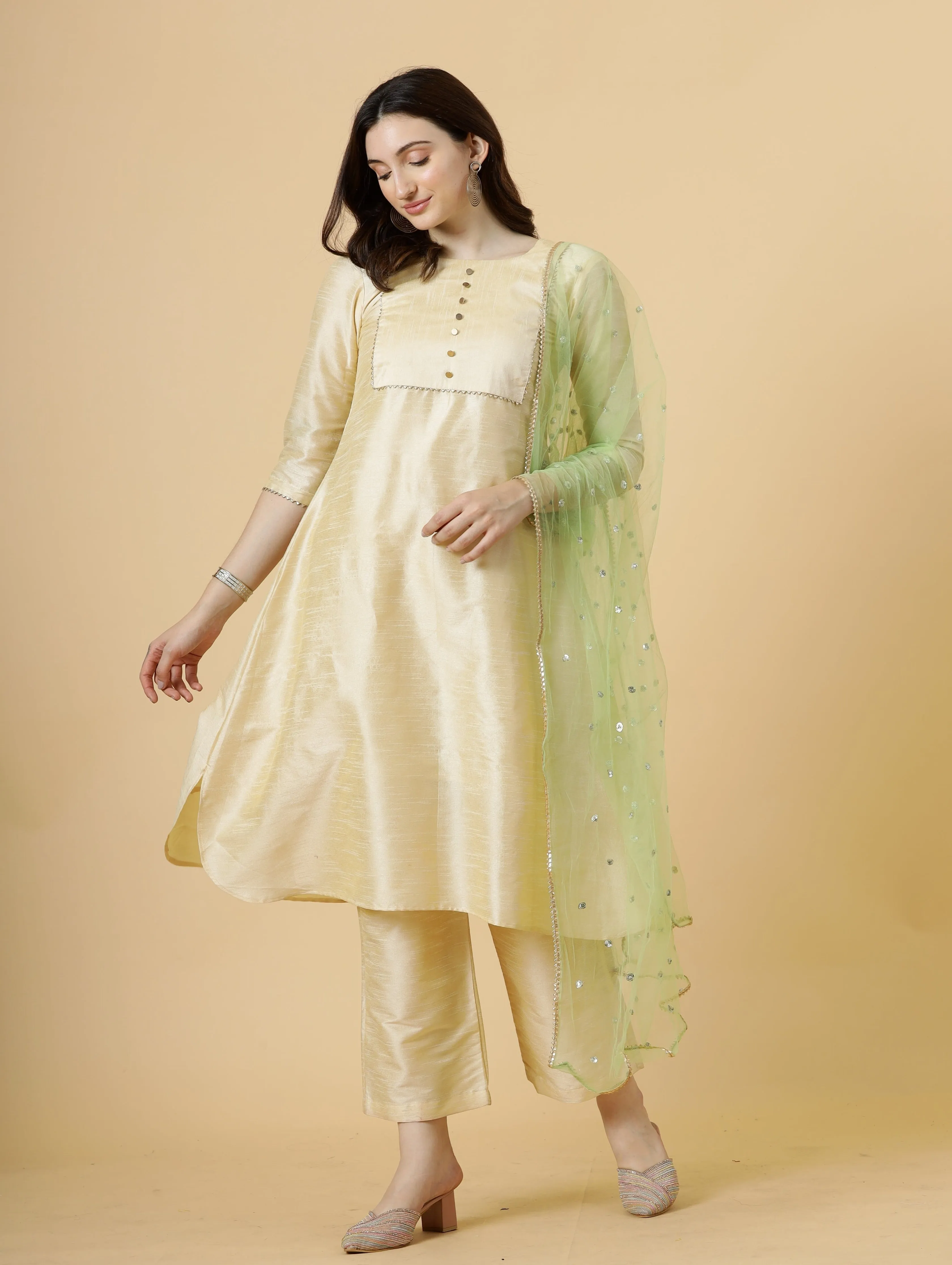 Stylish Cream A-Line Kurti-Palazzo Set paired with Lime Green Sequin dupatta