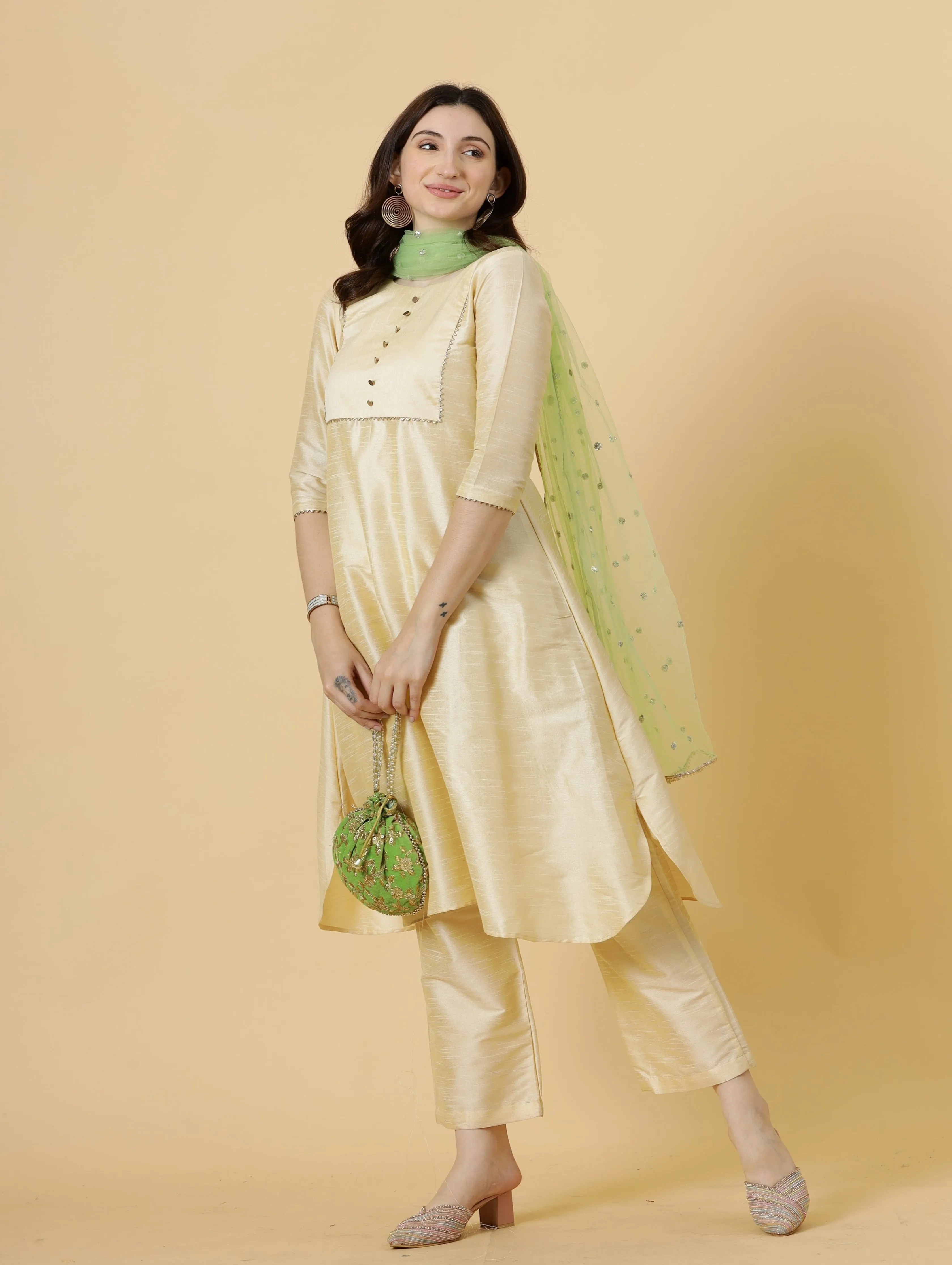 Stylish Cream A-Line Kurti-Palazzo Set paired with Lime Green Sequin dupatta