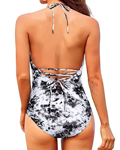 Stylish One Piece Swimsuits Halter V Neck Tummy Control Bathing Suits for Women