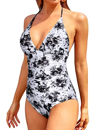 Stylish One Piece Swimsuits Halter V Neck Tummy Control Bathing Suits for Women