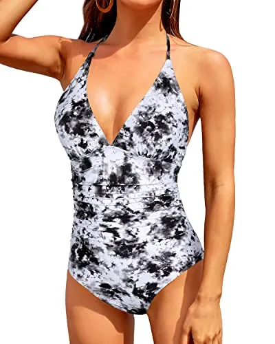 Stylish One Piece Swimsuits Halter V Neck Tummy Control Bathing Suits for Women