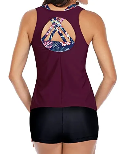 Stylish Tankini Swimwear For Women Athletic Sports Bra-Maroon Leaf