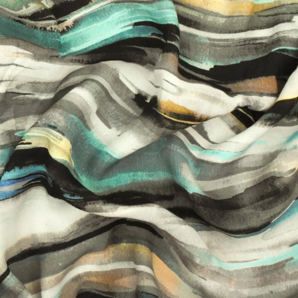 Teal-Multi Famous Designer Paint Strokes Printed Rayon Crepe Faille Fabric