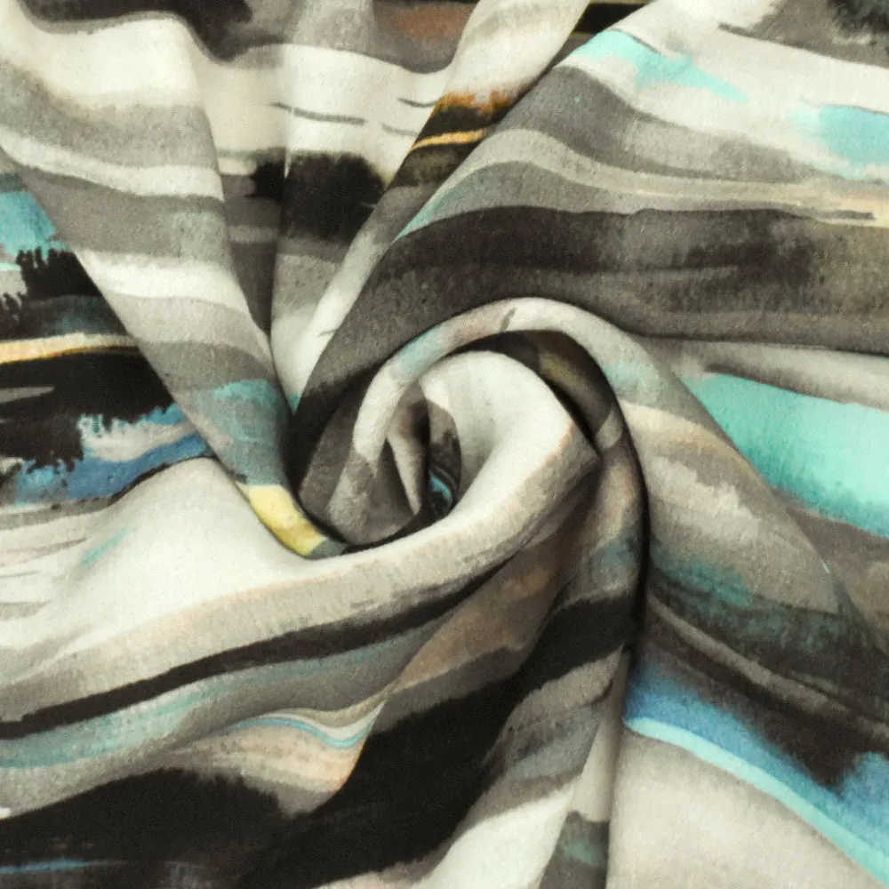 Teal-Multi Famous Designer Paint Strokes Printed Rayon Crepe Faille Fabric