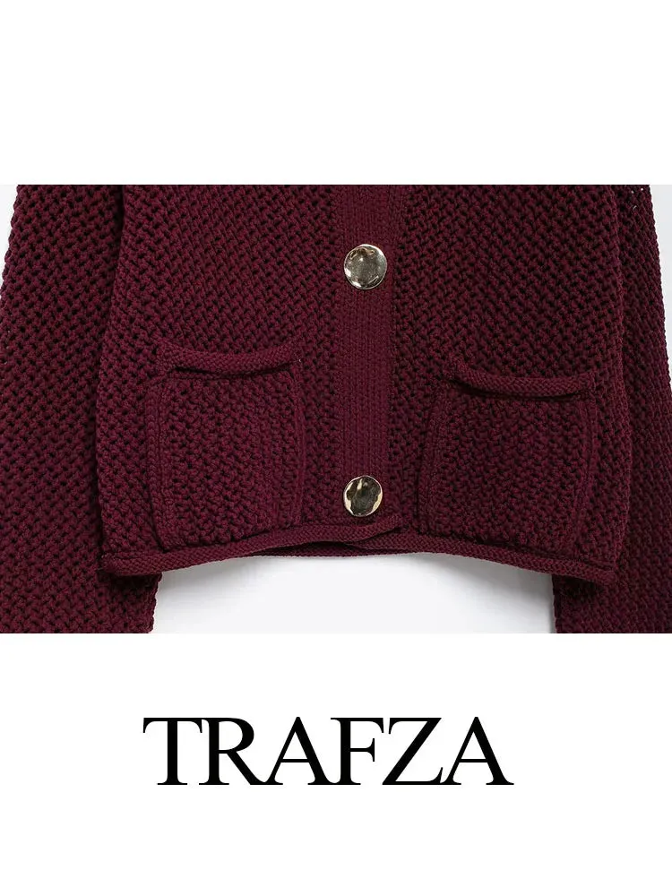 TRAFZA 2025 Female Casual Cardigan Sweater Coat 2 Pockets Wine Red Solid Metal Button Knitted Sweater Woman Autumn Trends Street