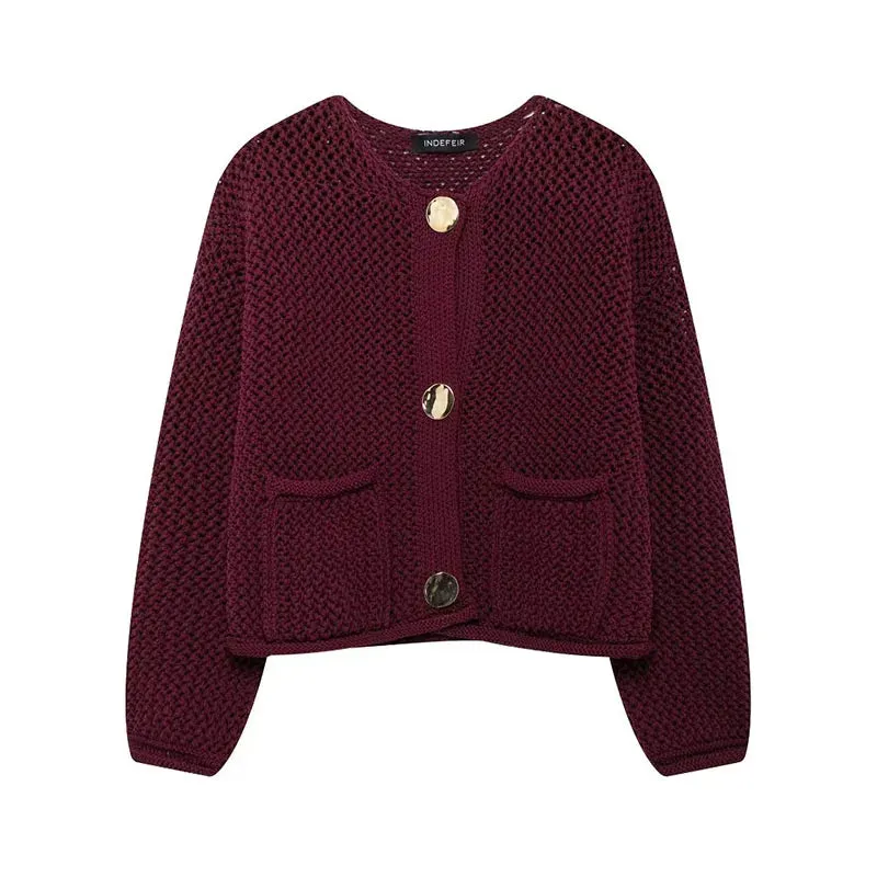 TRAFZA 2025 Female Casual Cardigan Sweater Coat 2 Pockets Wine Red Solid Metal Button Knitted Sweater Woman Autumn Trends Street