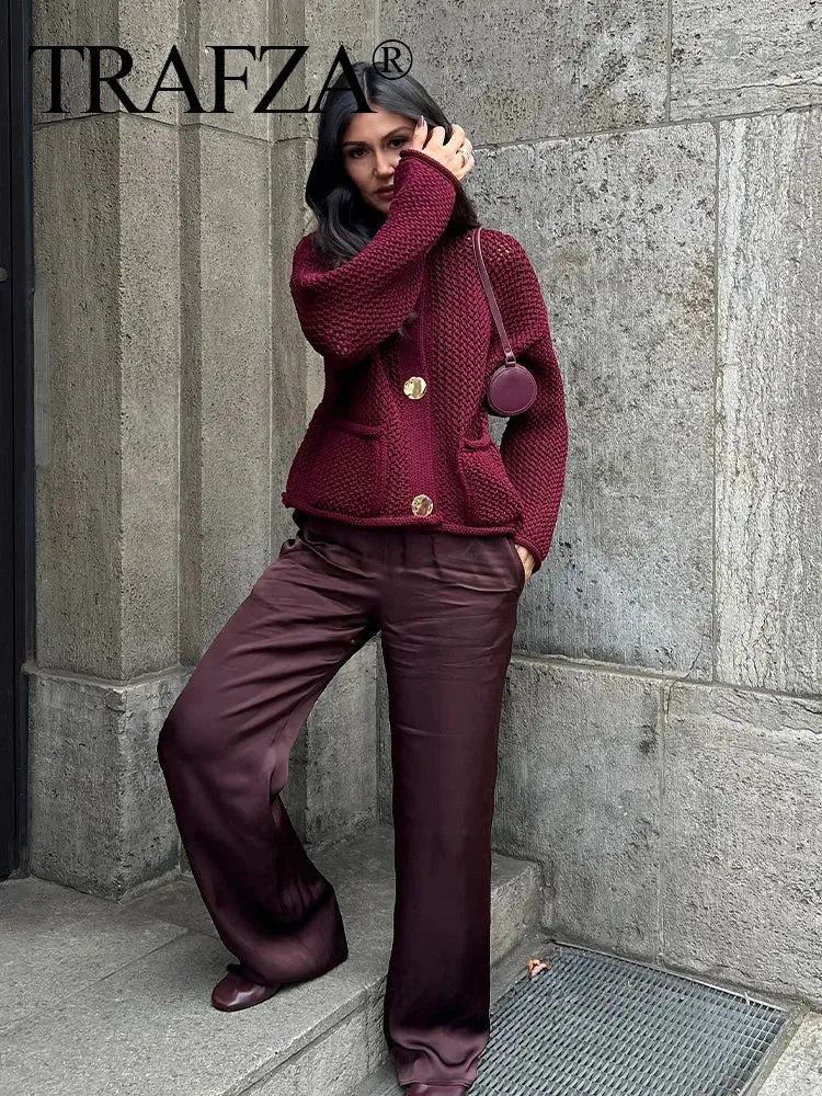 TRAFZA 2025 Female Casual Cardigan Sweater Coat 2 Pockets Wine Red Solid Metal Button Knitted Sweater Woman Autumn Trends Street